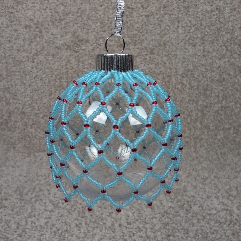 Handmade Beaded Christmas Ornament Blue Red Clear Plastic Ball Holiday Decor